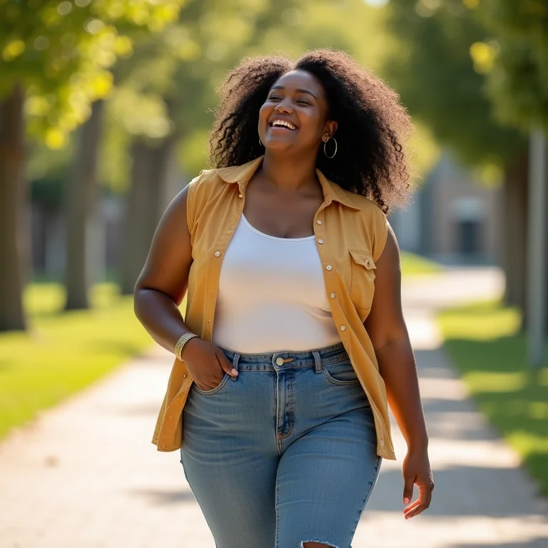 Mulher gorda rindo enquanto caminha ao ar livre