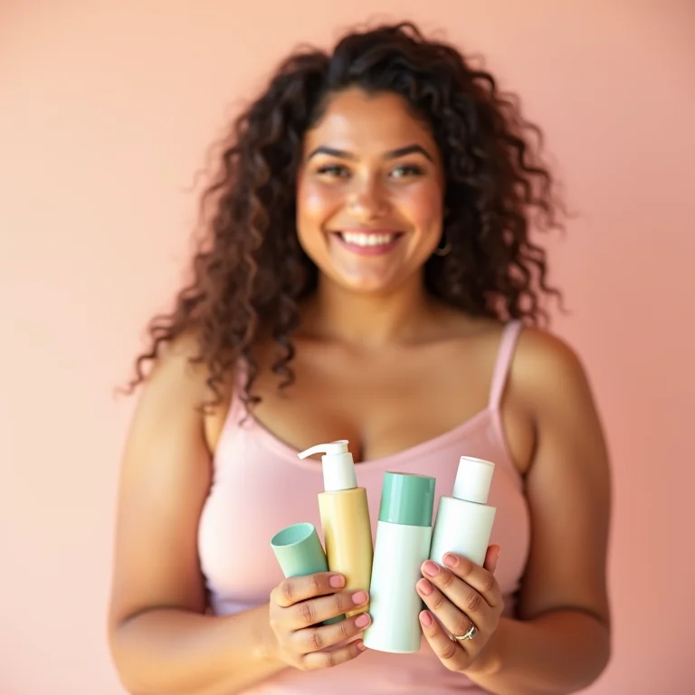 Mulher gorda segurando produtos de skincare