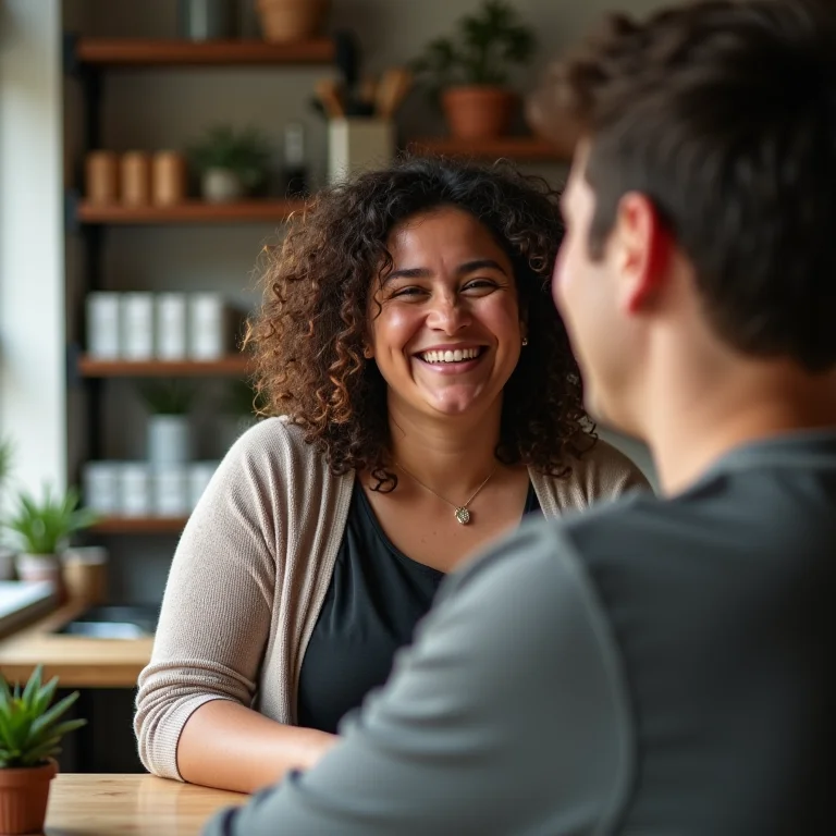 Mulher gorda sorrindo ao prestar serviço a cliente