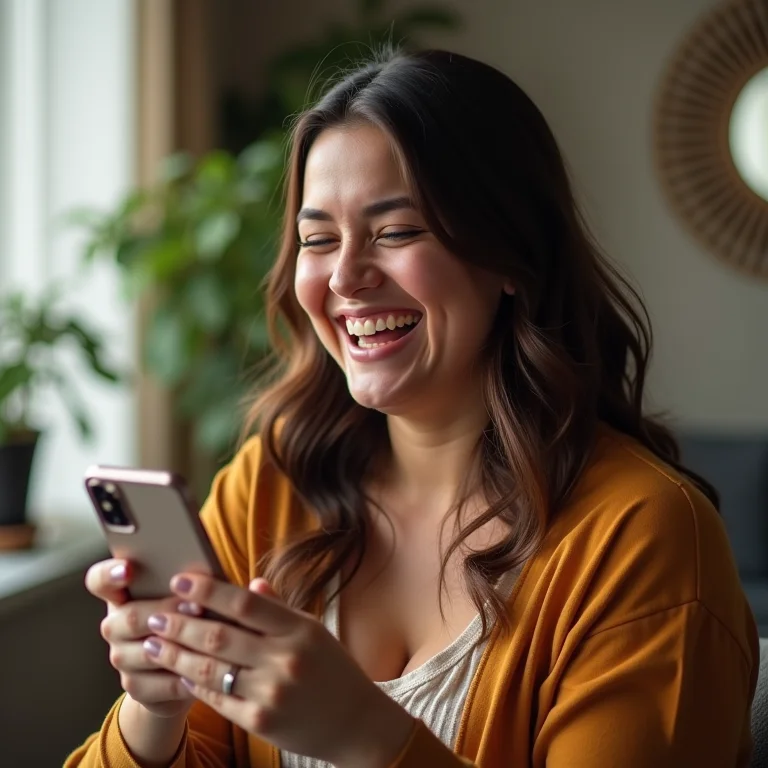 Mulher gorda sorrindo ao ver cashback no celular