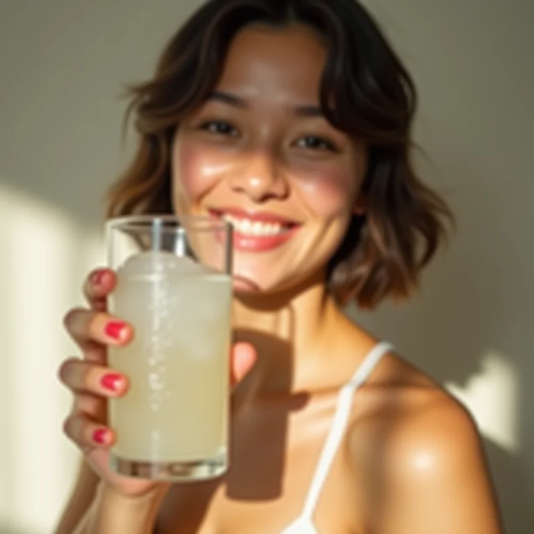 Mulher gorda sorrindo e segurando copo de água de arroz