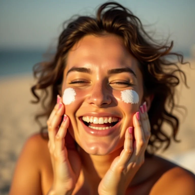 Mulher gorda sorrindo enquanto aplica protetor solar facial.