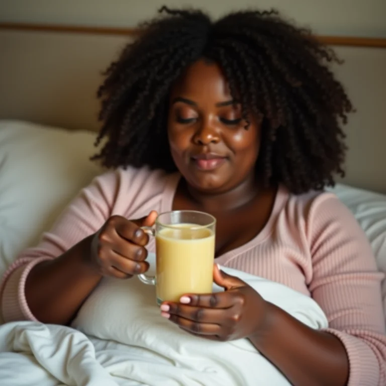 Mulher gorda tomando Golden Milk na cama