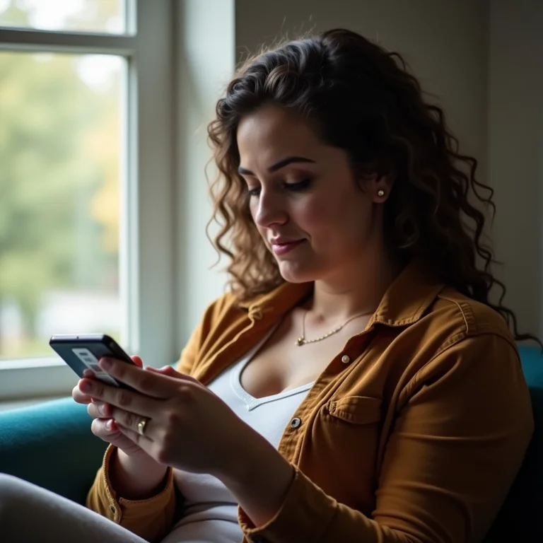 Mulher gorda usando aplicativo bancário no celular.