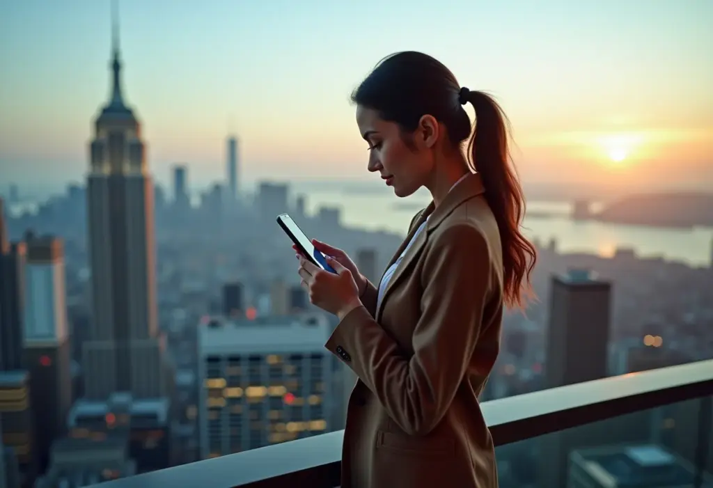 Mulher investindo na bolsa de valores pelo celular