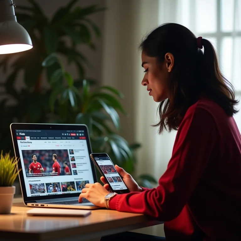 Mulher latina acessando notícias esportivas em diversos dispositivos
