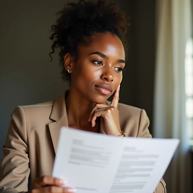 Mulher latina analisando contrato de trabalho
