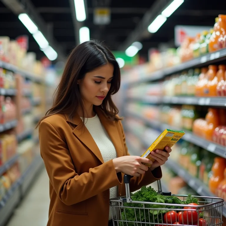 Mulher latina analisando rótulo de produto no supermercado
