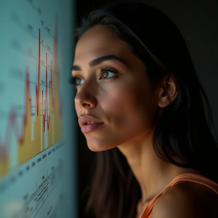 Mulher latina analisando um gráfico, evitando erros em seu PDI