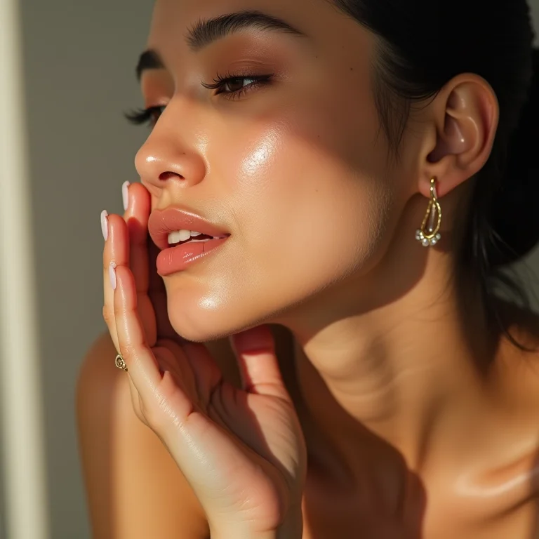 Mulher latina aplicando água de arroz no rosto com as mãos