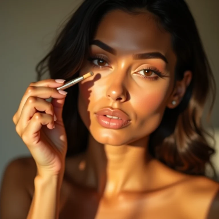 Mulher latina aplicando corretivo sob os olhos em um quarto ensolarado.