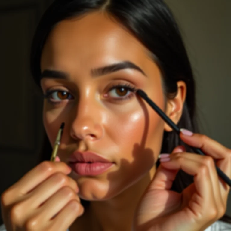 Mulher latina aplicando delineado com pincel fino