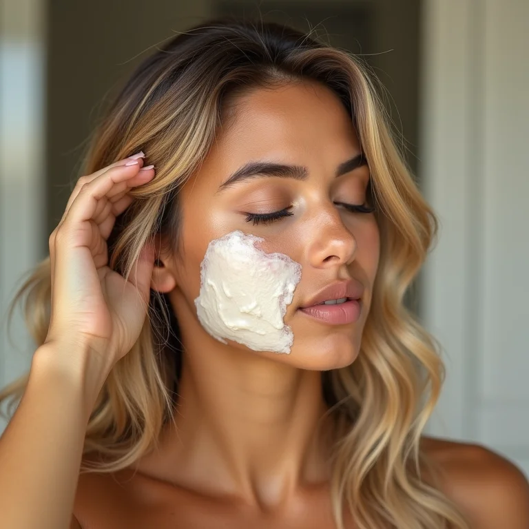 Mulher latina aplicando máscara de reconstrução capilar