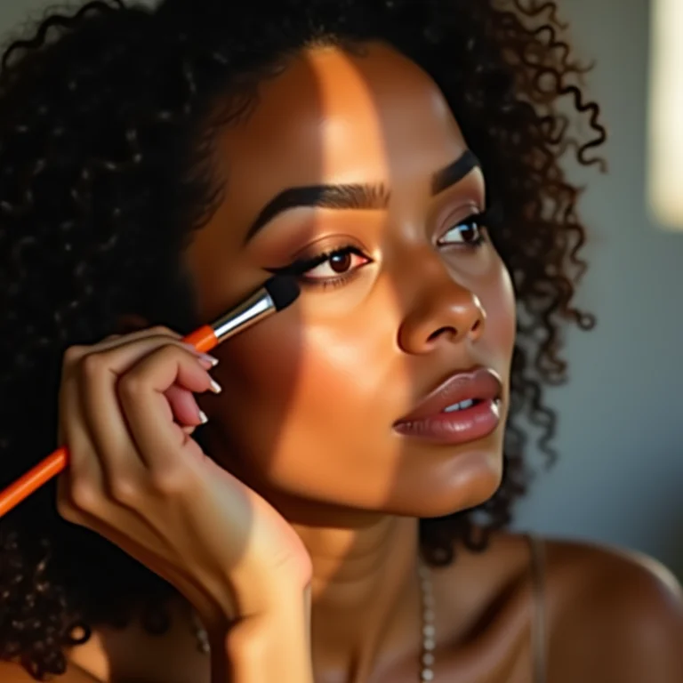 Mulher latina aplicando sombra sutil nos olhos com um pincel.