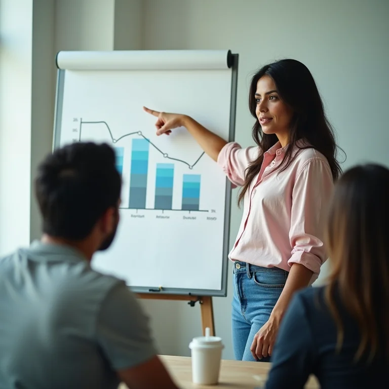 Mulher latina apresentando resultados positivos em um quadro branco.