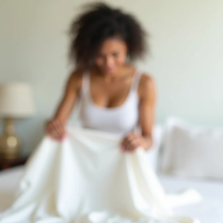 Mulher latina arrumando lençóis brancos em cama