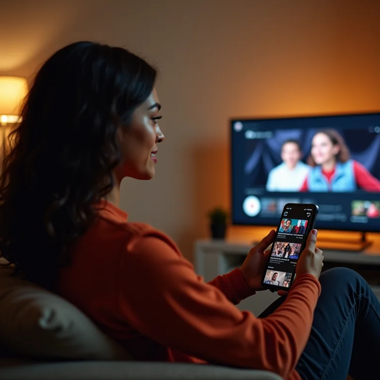 Mulher latina assistindo filmes e séries completas no YouTube através de uma smart TV.