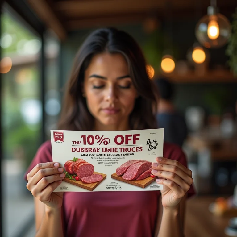 Mulher latina atenta a promoções e descontos em carne.