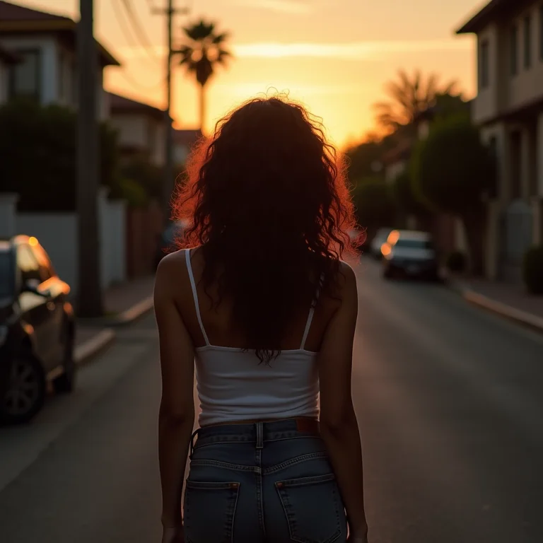 Mulher latina caminhando em bairro tranquilo ao entardecer