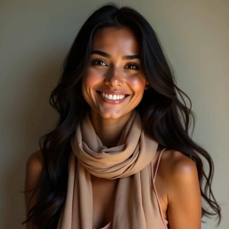 Mulher latina com cabelo longo e lenço de seda após a umectação