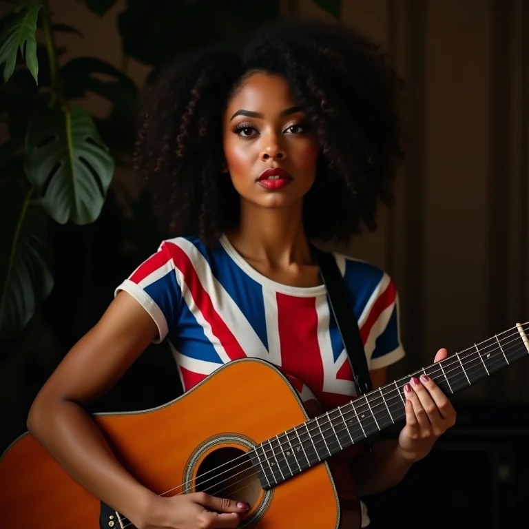 Mulher latina com maquiagem ousada e camiseta da Union Jack segurando guitarra