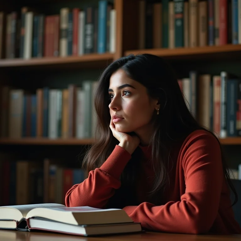 Mulher latina com traços diversos sentada pensativamente em uma biblioteca cercada por livros
