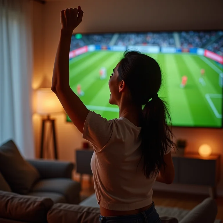 Mulher latina comemorando um gol assistindo ao jogo
