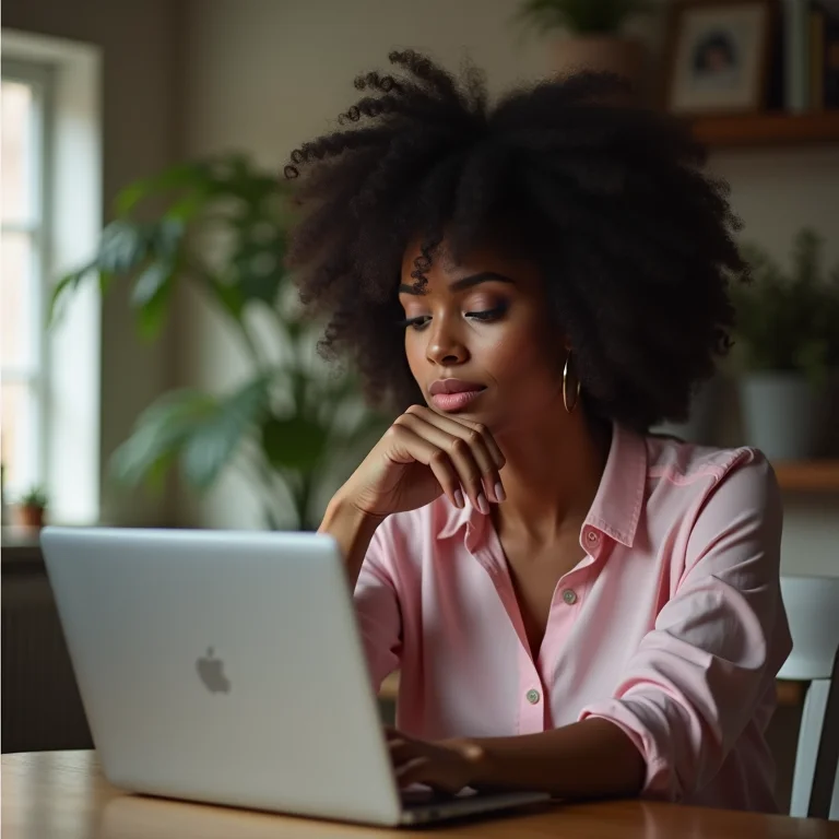 Mulher latina concentrada usando o Pinterest.