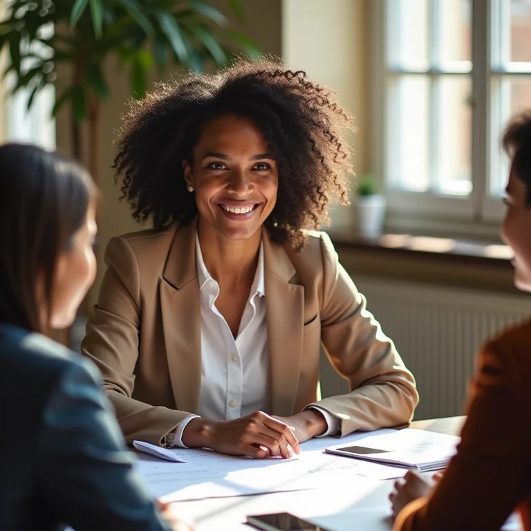 Mulher latina confiante identificando oportunidades.