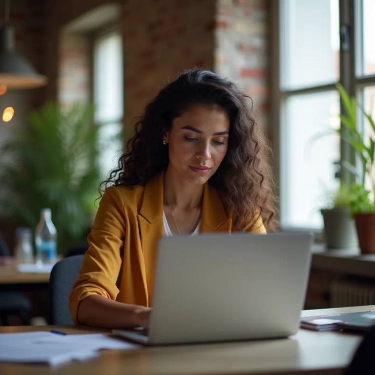 Mulher latina digitando um e-mail profissional em um laptop.