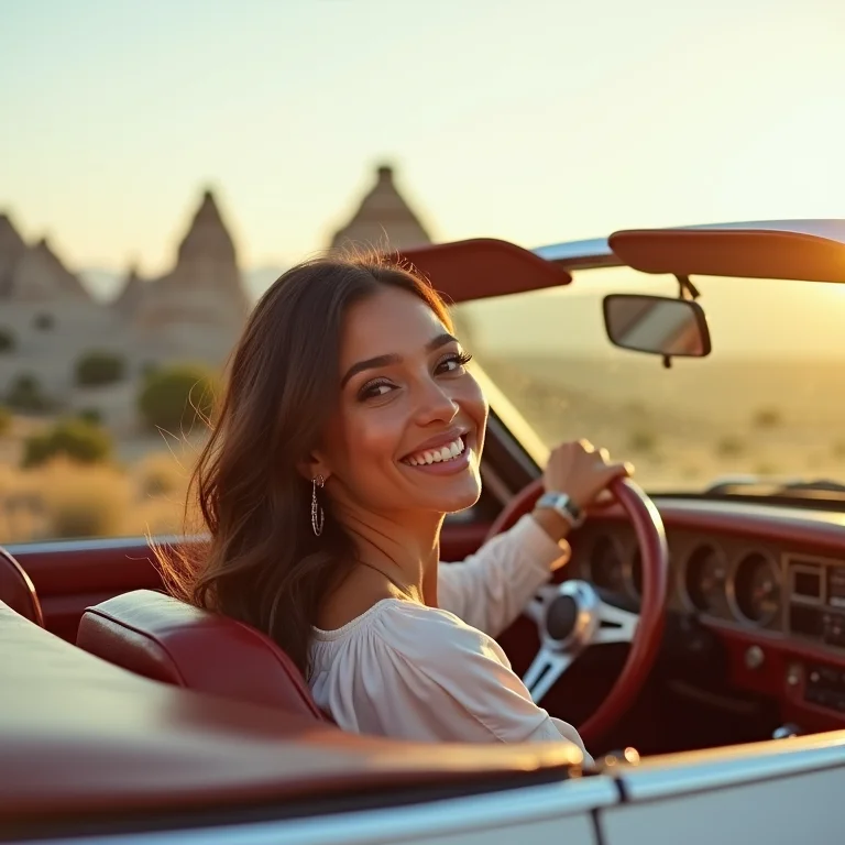 Mulher latina dirigindo carro alugado na Capadócia.