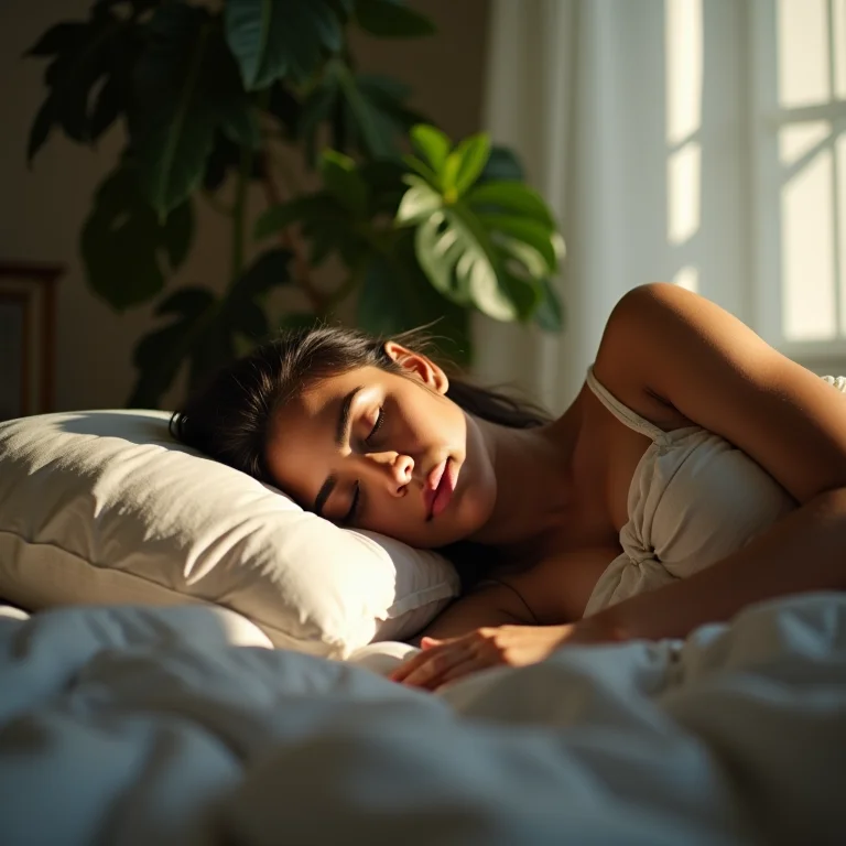 Mulher latina dormindo em quarto com plantas