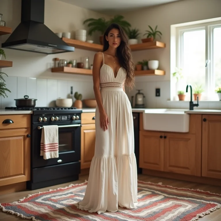 Mulher latina elegante em cozinha com tapete listrado neutro