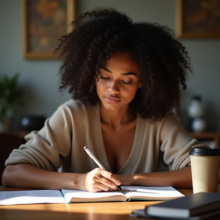 Mulher latina escrevendo em caderno, em momento de reflexão