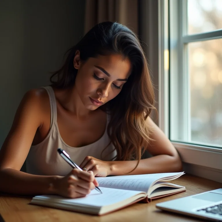 Mulher latina escrevendo em um caderno para controlar suas finanças.
