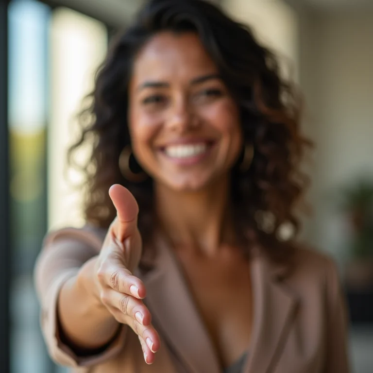 Mulher latina estendendo a mão para um aperto de mão após uma entrevista.