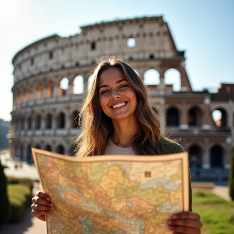 Mulher latina explorando o Coliseu em Roma
