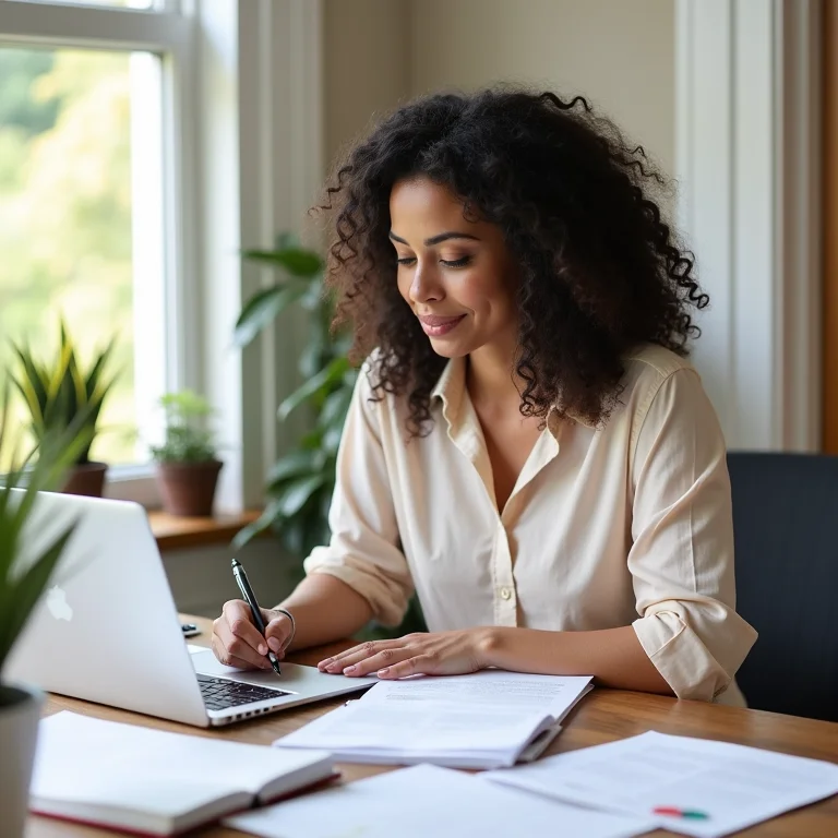Mulher latina gerenciando documentos MEI em escritório