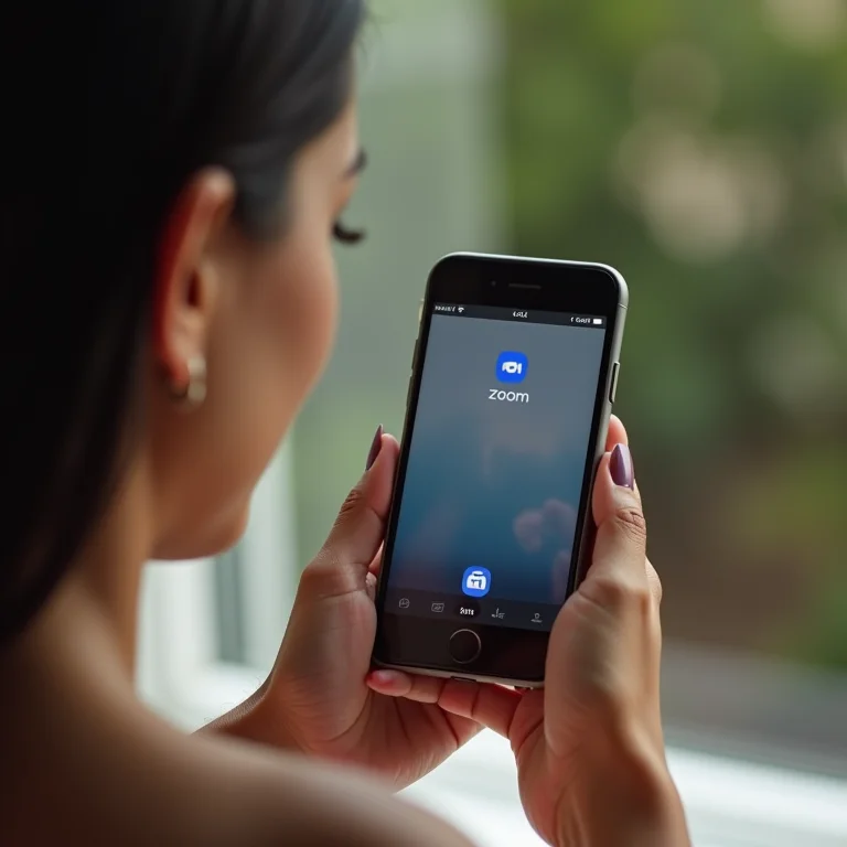 Mulher latina instalando o aplicativo Zoom no celular