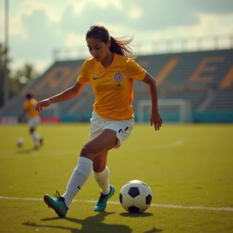 Mulher latina jogando futebol em um campo antigo