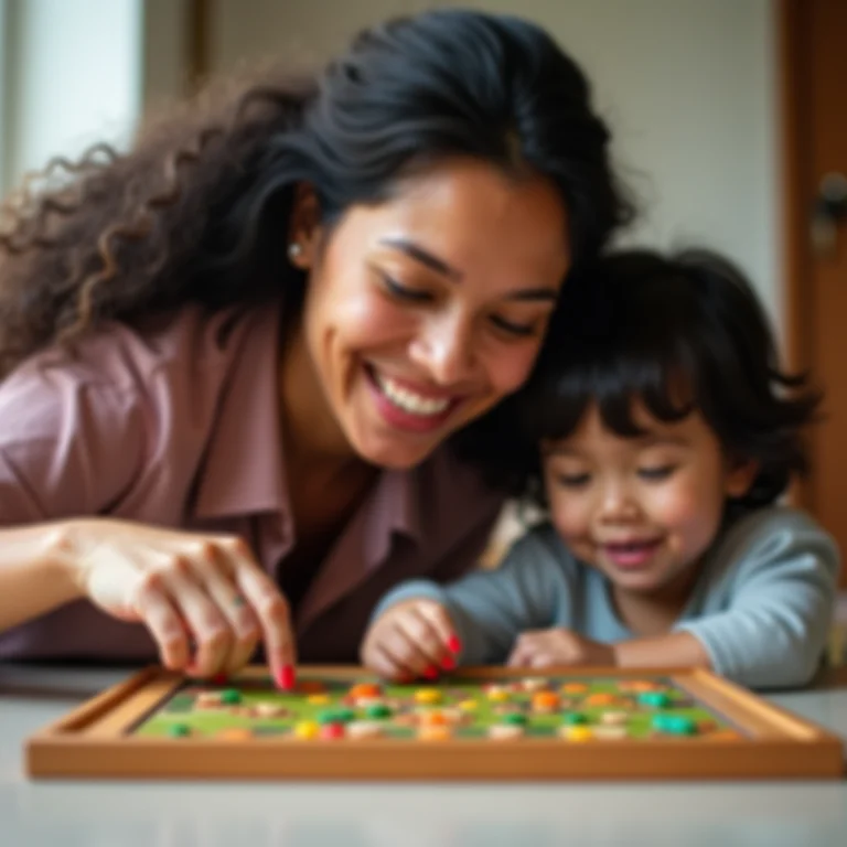Mulher latina jogando jogo de tabuleiro infantil com criança