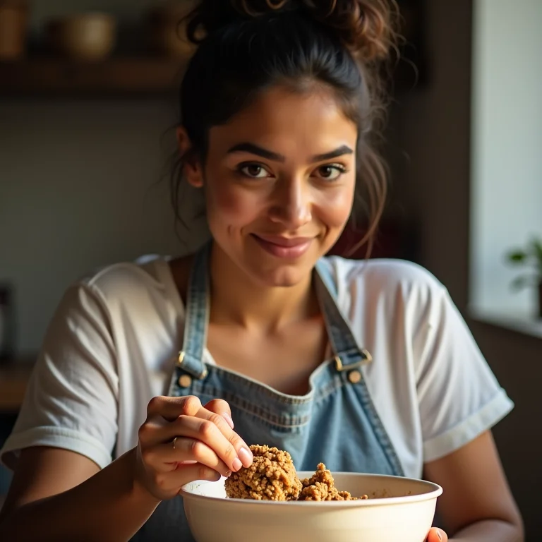Mulher latina misturando massa de cookie.