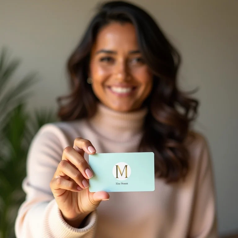 Mulher latina mostrando a tela de um cartão de visita digital com a identidade visual da sua empresa