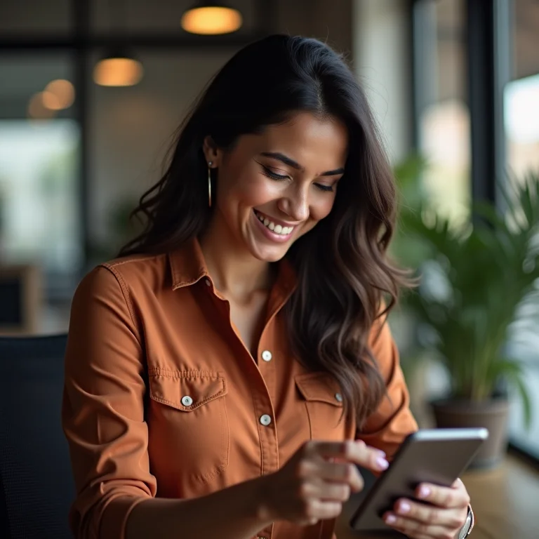 Mulher latina navegando no Pinterest, analisando perfis de líderes e empresas.