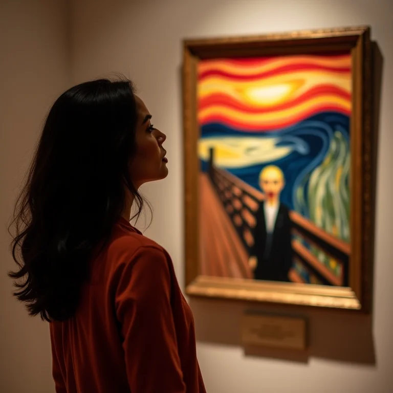 Mulher latina observa 'O Grito' de Edvard Munch com intensidade em museu.