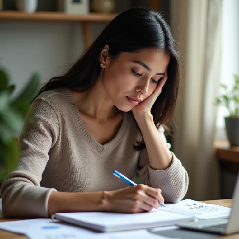 Mulher latina olhando atentamente para um caderno com cálculos.