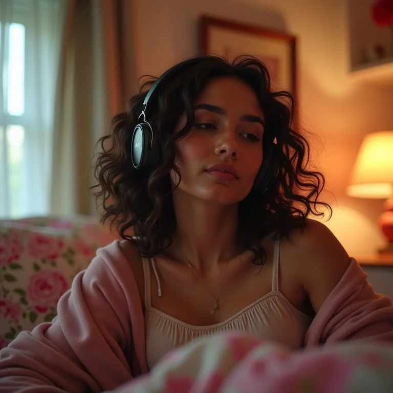 Mulher latina ouvindo música em um quarto temático dos anos 90.