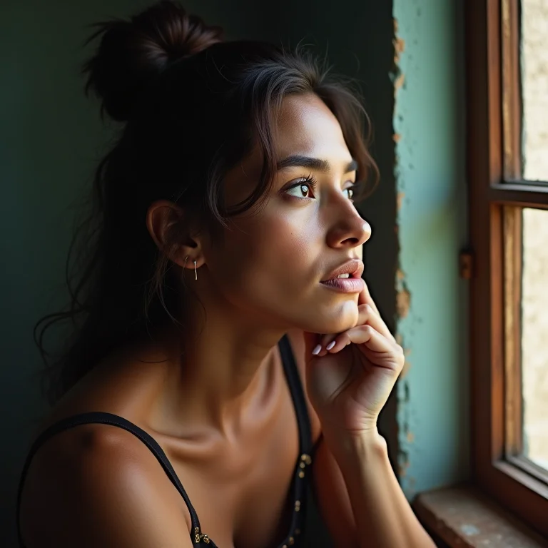 Mulher latina pensativa olhando pela janela, inspirada pelo realismo literário.