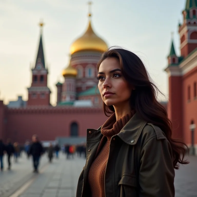 Mulher latina pensativa perto do Mausoléu de Lenin