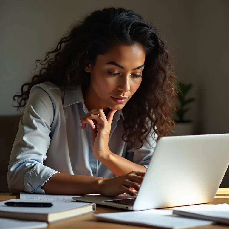 Mulher latina pesquisando no laptop.